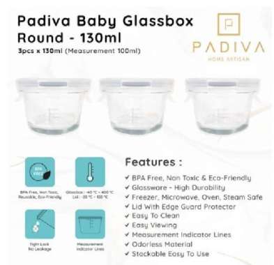 Padiva Baby Glassbox/container food/tempat makan kaca MPASI- Round Square