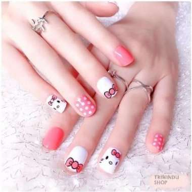 NAIL ART - 24 Pcs kuku palsu bertema hellokity white pink