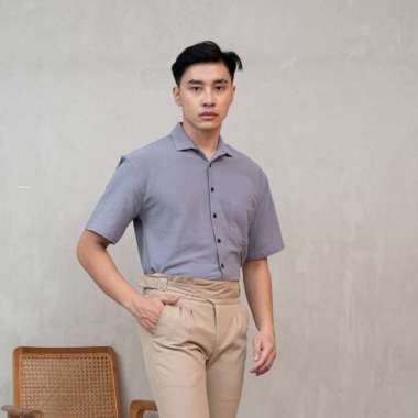 Houseofcuff Kemeja Linen Lengan Pendek Pria Biru Dusty M