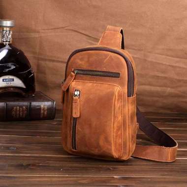 Mivaso Sling Bag Kulit Asli Pria Selempang - Tas Pria Kulit Sapi Original - Tas Kulit Selempang Dada Tas Bahu Pria 100% 0rignal Coklat Muda