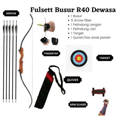 Fullset Busur Panah Dewasa R40 Pemula Arrow Fiber Hitam