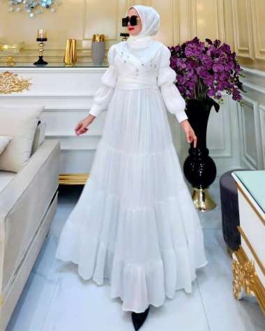 GAMIS KONDANGAN MEWAH - RIHANA DRESS - GAMIS TANGAN BALON BABYDOLL PUTIH