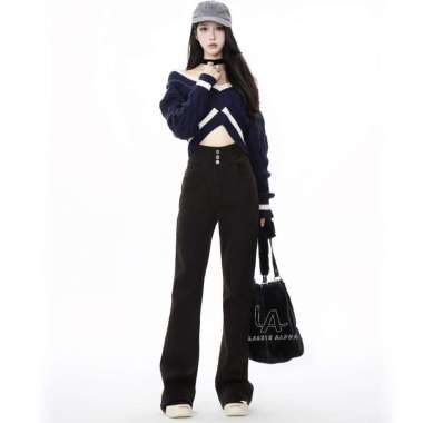 Lassie Alpha J60 Hitam Jeans Highwaist Jeans Kulot boyfriend Jeans Panjang Wanita Stretch Cutbray Ce