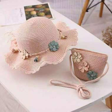 VERISH Topi set tas anak lonceng PST1/ topi pantai anak set tas / Summer Hat Topi + Tas 1 set Tosca