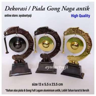 Souvenir Piala Gong antik Dekorasi miniatur Gong Gawang ukir naga Kuning Gold