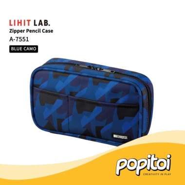 Lihit Lab A-7551 Zipper Pencil Case Tempat Kotak Pensil Resleting BLUE-CAMO