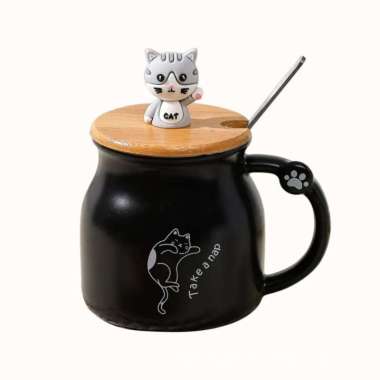 Mug Keramik Kucing dengan Tutup Kayu / Cangkir Keramik Cute Kucing, Spesifikasi Hitam / Black