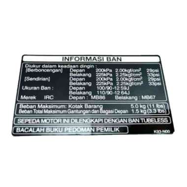 Label Tire Indonesia Honda BeAT eSP, Vario 125 eSP & Vario 150 eSP 87505K59A10