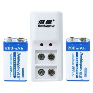 DOUBLEPOW Paket Charger + Baterai Kotak 9V 280mAh Cas Rechargeable - Paket 2 Baterai  Multicolor