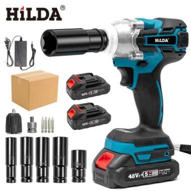 HILDA Cordless Impact Wrench Mesin Bor impact baterai 48VF 2Bat 3IN1 Set