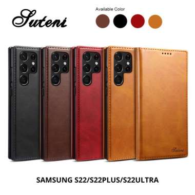 Suteni Leather Flip Case Samsung S22 Ultra Plus Casing Kulit Cover S22 Ultra Merah