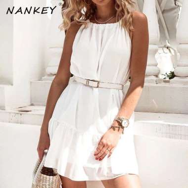 Dress Sifon chiffon sifon Helterneck singlet rempel Ruffle Pendek sedang (L/XL) sage green