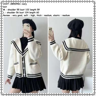 AB969461 Cardigan Jaket Jacket Rajut Sailor Putih Tulang Ivory Broken White Wanita Korea Import