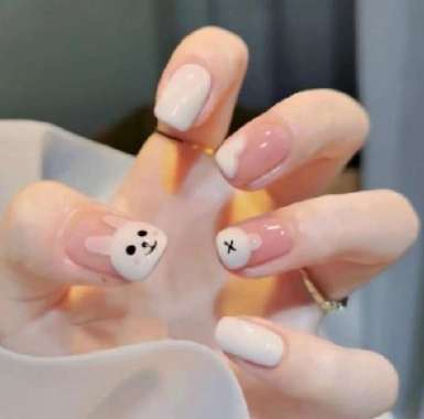 kuku palsu - 12 pcs kuku palsu pendek warna putih model bunny lucu