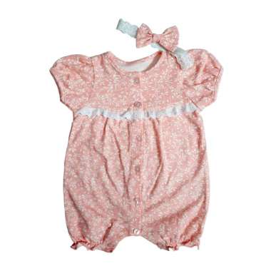 PLEU Kodok Print Bunga Renda Romper Jumper Bayi Perempuan 12 bulan Peach