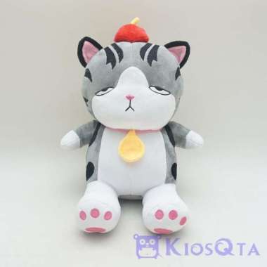 boneka kucing furyu cat abu abu loreng hitam pakai topi duduk medium