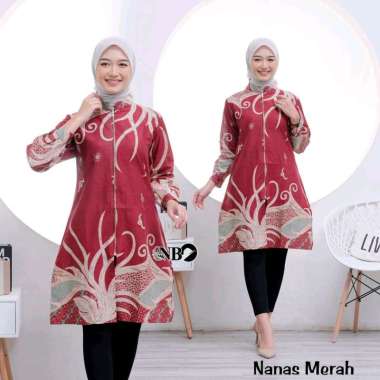 Tunik Batik Wanita| Tunik Batik Resleting| Baju Batik Wanita| Baju Atasan Wanita L merah