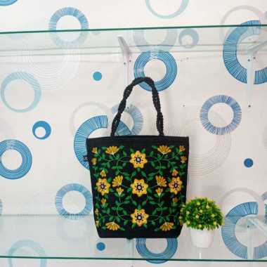 Tas Tote Bag Wanita Full Bordir Tas Wanita Motif Bunga Aster biru langit