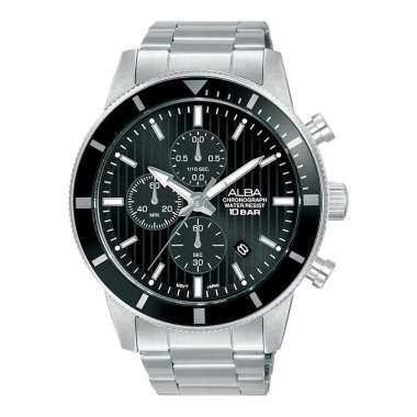 Jam Tangan Pria Alba Active AM3957X1 Chronograph Men Black Patterned Dial Stainless Steel Strap [Mac