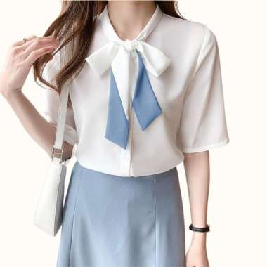 Kemeja lengan pendek wanita gaya korea variasi pita model Terbaru - Jfashion Arshinta XL Putih