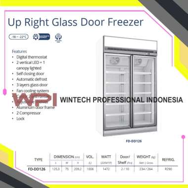 Gea FD-DD126 Up Right Glass Door Freezer - Freezer Showcase untuk Memajang Ice Cream, Frozen Food, Daging Beku 1006 Liter Freezer Kaca Berdiri 2 Pintu