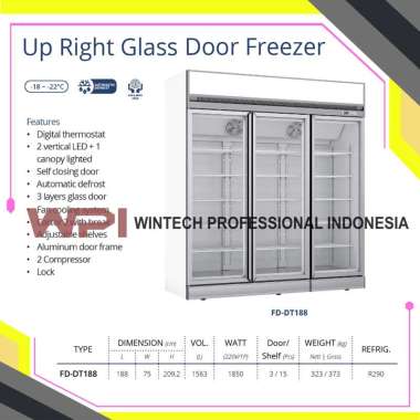 Gea FD-DT188 Up Right Glass Door Freezer - Freezer Showcase untuk Memajang Ice Cream, Frozen Food, Daging Beku 1563 Liter Freezer Kaca Berdiri 3 Pintu