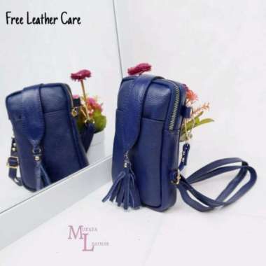Bossindo tas mini kulit asli - tas selempang kulit tas tempat hp bahan kulit - Biru