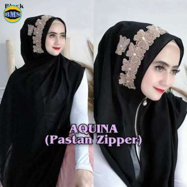 Aquina Pashmina Payet Bunga Zipper Ceruty Babydoll / Jilbab Instan HITAM