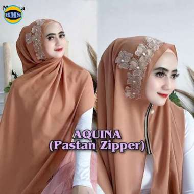 Aquina Pashmina Payet Bunga Zipper Ceruty Babydoll / Jilbab Instan MOCCA