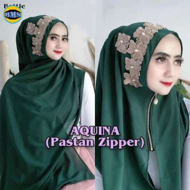 Aquina Pashmina Payet Bunga Zipper Ceruty Babydoll / Jilbab Instan EMERALD