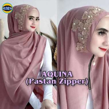 Aquina Pashmina Payet Bunga Zipper Ceruty Babydoll / Jilbab Instan PINK