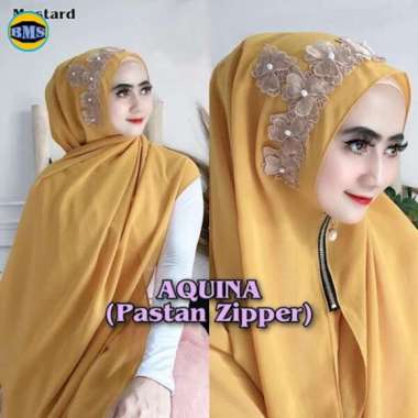 Aquina Pashmina Payet Bunga Zipper Ceruty Babydoll / Jilbab Instan KUNYIT