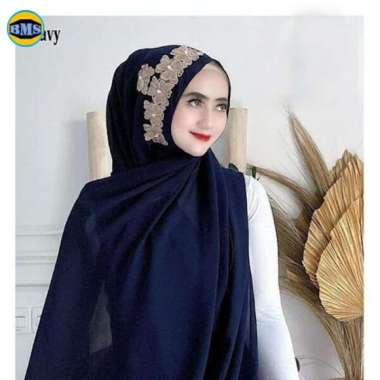Aquina Pashmina Payet Bunga Zipper Ceruty Babydoll / Jilbab Instan NAVY