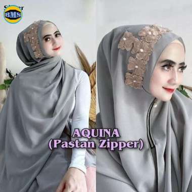 Aquina Pashmina Payet Bunga Zipper Ceruty Babydoll / Jilbab Instan ABU