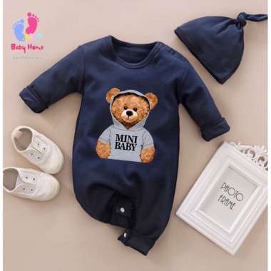 Jumpsuit Panjang Bayi Cewek Cowok Karakter Hewan 2-5 bulan MINI BABY+TOPI(Navy)