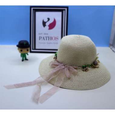 Topi Wanita Pantai Oval Mahkota Bunga Liburan Prewedding Pathos DEWASA Cream