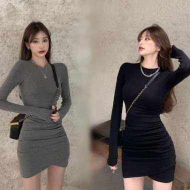 Sexy Korean Long Sleeve Mini Dress Bodycon Dress Wanita Lengan Panjang Hitam - S