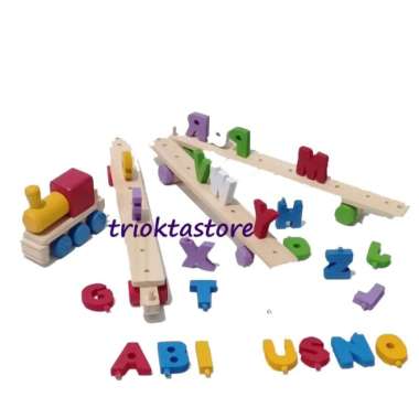 mainan balok kayu pinus gerobak kereta huruf abjad mainan edukasi anak