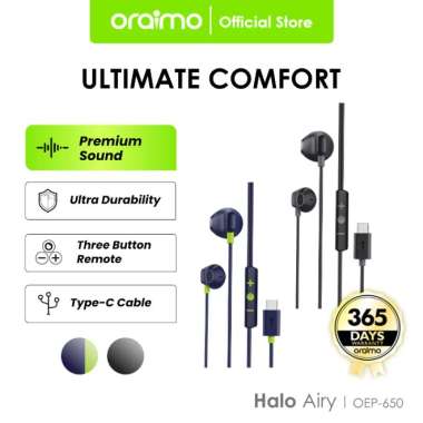 Oraimo Wired Earphone Kabel Headphone Type-C Halo C 1.2 Meter OEP-650 Black