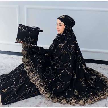 Mukena Dewasa Jumbo Gracella Terbaru Motif Bunga Teratai Katun Hitam