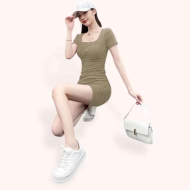 Mini Dress sexy lengan pendek Gaya Korea wanita model terbaru - Jfashion Sadira Khaki