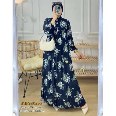 Arista Dress Wanita Rayon Diamond Gamis Terbaru Lengan Panjang Baju Muslim Ruffel BUnga Kekinian LD 