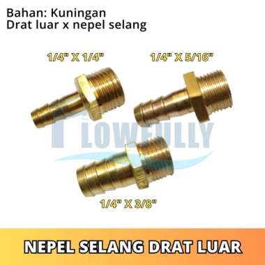 NEPEL SELANG DRAT LUAR 1/4 X 5/16 INCH KUNINGAN SAMBUNGAN DRAT LUAR