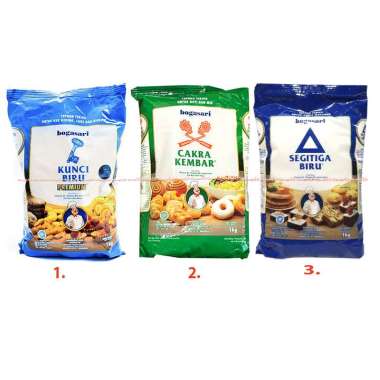 Bogasari 1kg Kunci Biru Premium Cakra Kembar Segitiga Biru Tepung Terigu Untuk Roti Mie Kue Kering C