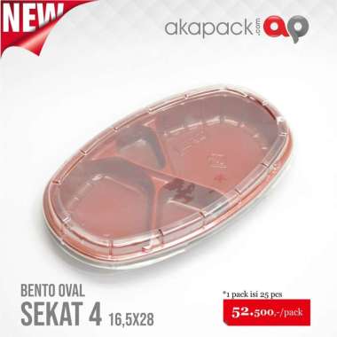 (10pc) WADAH BENTO OVAL SEKAT 4 RED-BLACK MINIMAL 50PCS MODEL JEPANG 16.5x28cm