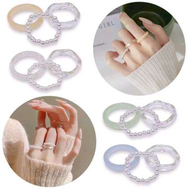 Set (3 buah) Cincin Acrylic Resin Pearl Rea Ring Set Akrilik Mutiara Korea Korean Fashion Ring Set 3