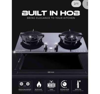 Kompor Gas Tanam NIKO KITARO BLACK , Built In Hob Gas 2 Tungku Kaca