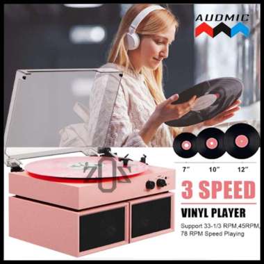 Turntable Player Pemutar Piringan Hitam Vinyl Dual Speaker Baby Pink
