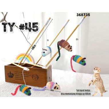 TY#45 Mainan Kucing Tongkat Kayu 40cm & Bell Tikus Ekor & Bulu 368735 TY45