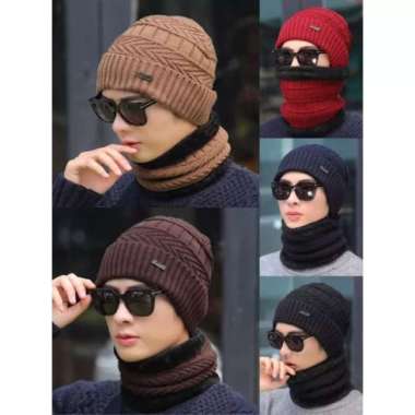 GST Topi Kupluk Tanpa Syal Rajut Bahan Tebal Pria Wanita Kupluk+Syal Coklat